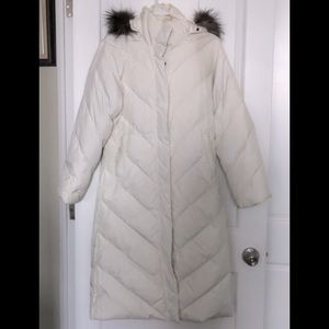 Down long coat with fur trim